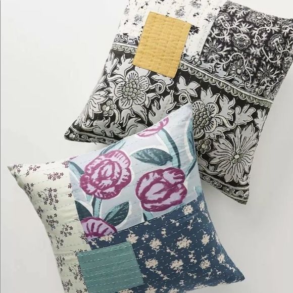 Anthropologie Throw Pillow Patchwork Blue Multi - Picture 2 of 4